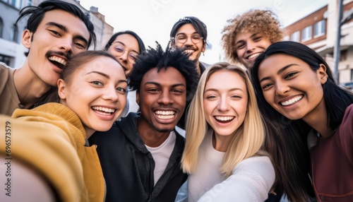 Multicultural happy friends having fun taking group selfie portrait on city street   Multiracial young people celebrating laughing together outdoors   Happy lifestyle concept.