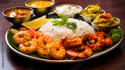 Traditional Indian Prawn Curry with Basmati Rice and Condiments