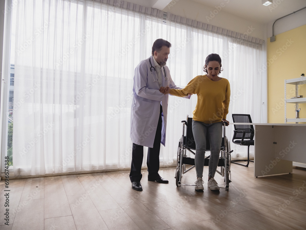 Portrait latin american woman sick sit wheelchair with man doctor caucasian sitting two people check and treat patients talk helping support explain medicine sick person inside hospital room service Portrait latin american woman sick sit wheelchair with man doctor caucasian sitting two people check and treat patients talk helping support explain medicine sick person inside hospital room service