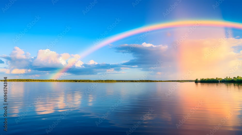 Vibrant Rainbow Over Calm Lake Waters and Clear Sky