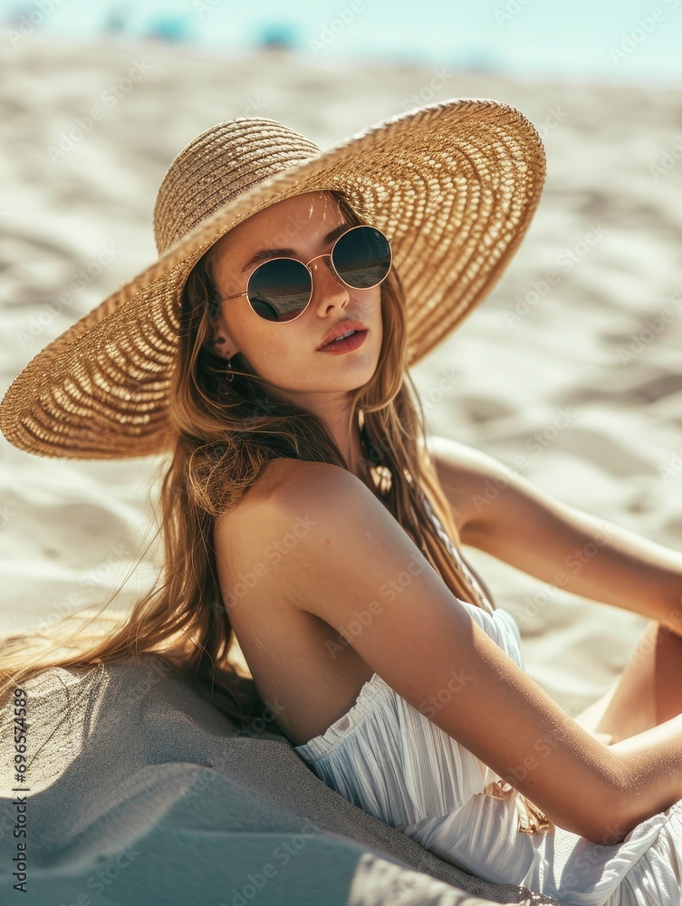 young pretty passion woman model posing at the sunny sand beach in sunglasses and big hat