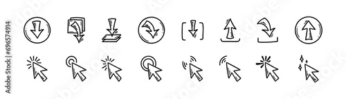 Download and upload file doodle icons set. Hand drawn sketch interface buttons. Data server technology. Digital storage arrow pictogram.
