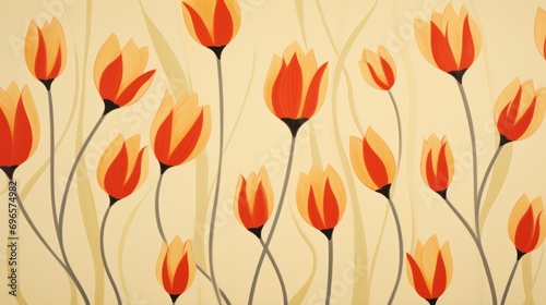 a painting of a bunch of orange flowers on a yellow background with a black stem in the center of the picture. #696574982