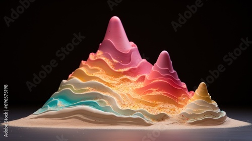  a multicolored mountain made of sand on a black background with a reflection of the sand on the ground.