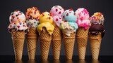  a row of ice cream cones filled with different flavors of ice cream and sprinkles on top of each cone.