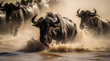 Wildebeest migration in the Serengeti, vast numbers crossing a river, crocodile lurking in the water