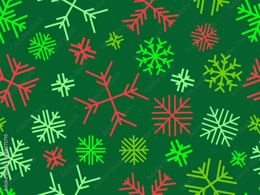 Winter seamless pattern with snowflakes on a green background. Geometric snowflakes of different shapes. Design for wallpaper, wrapping paper, banners and posters. Vector illustration Winter seamless pattern with snowflakes on a green background. Geometric snowflakes of different shapes. Design for wallpaper, wrapping paper, banners and posters. Vector illustration