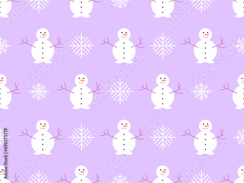 Seamless pattern with snowmen and snowflakes. Snowman with a carrot for a nose and a branch for hands. Xmas design for wrapping paper, banners and promotional items. Vector illustration