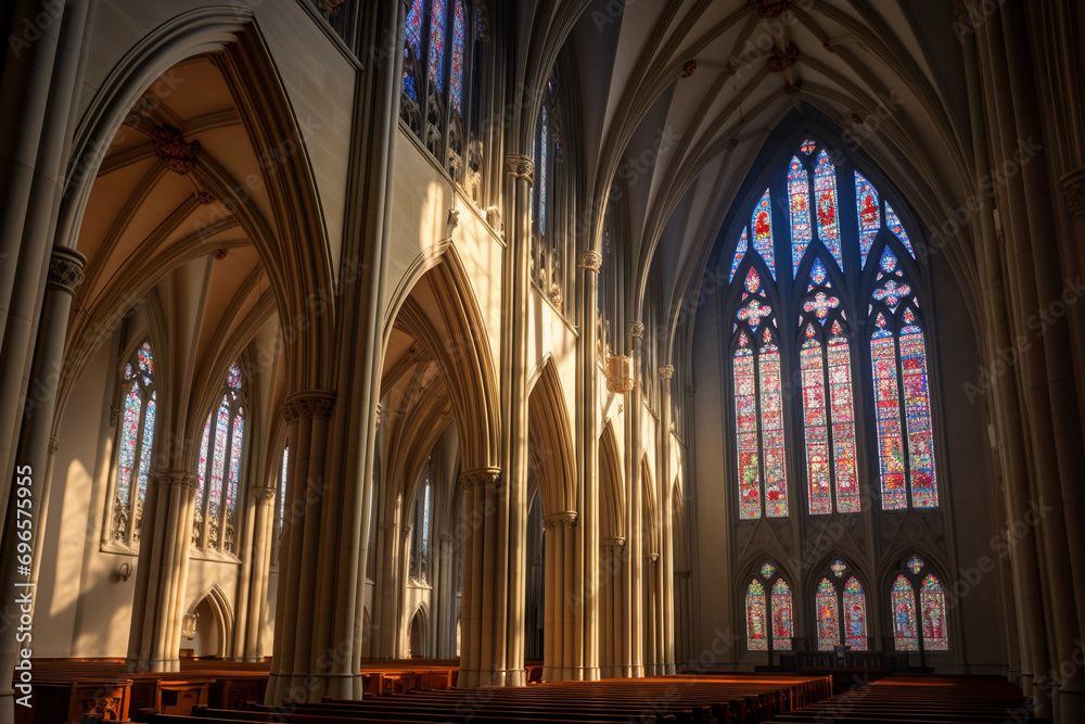 Gothic cathedral, intricate stained glass windows, towering spires, soft morning light filtering in