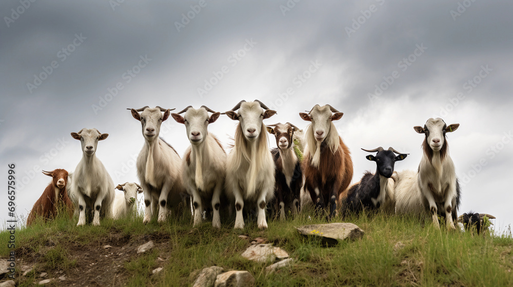 herd of goats on a hill, some looking curious, others grazing, under an overcast sky herd of goats on a hill, some looking curious, others grazing, under an overcast sky