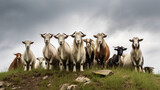 herd of goats on a hill, some looking curious, others grazing, under an overcast sky