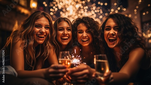 young women group portriat on new year's eve party with champagne and fireworks