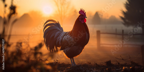 rooster crowing at dawn, misty morning, backlit by the rising sun creating a halo effect photo