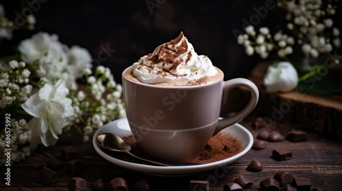  a cappuccino with whipped cream and chocolate shavings on a saucer surrounded by white flowers.