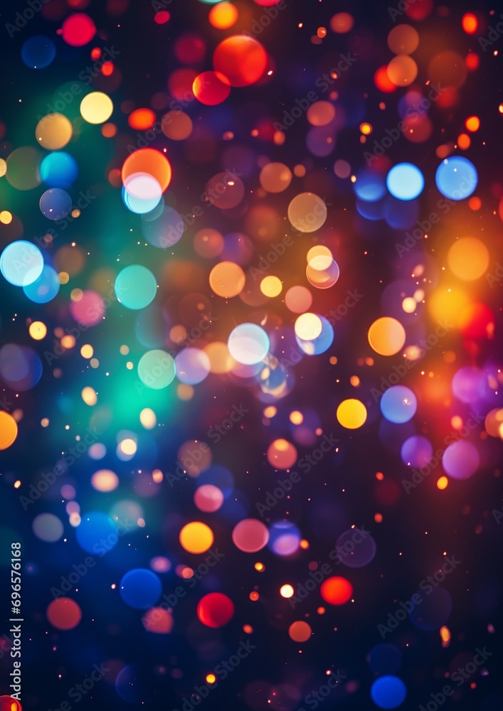 Glowing neon drops of paint on a dark background or blurry colorful sparks, abstract festive blurred background with beautiful colorful glowing lights, vertical background.