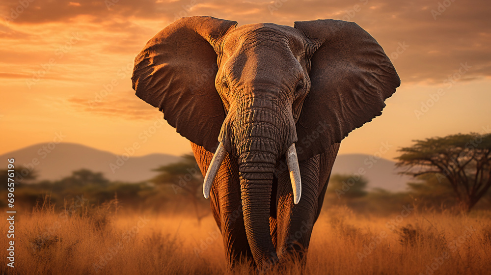 Obraz premium African elephant, 60 years old, large tusks, set in a grassy savanna, clouds in the sky, late afternoon sun casting golden light