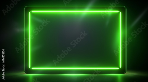 Empty dark background with green fluorescent neon laser lights. Party and night club concept background with copy space for text or product display.