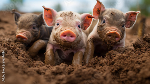 three piglets playfully rolling in mud, vibrant colors photo