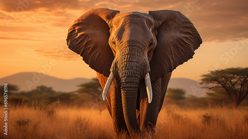African elephant, 60 years old, large tusks, set in a grassy savanna, clouds in the sky, late afternoon sun casting golden light © Gia