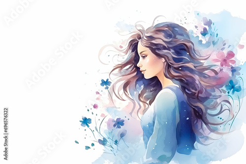 Illustration of a woman with long hair and flowers. Happy woman's day banner. 