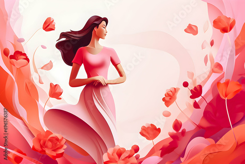 Graceful woman in pink dress surrounded by a swirl of roses.
