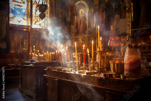 Orthodox Christian church, colorful frescoes, tall candles, incense smoke