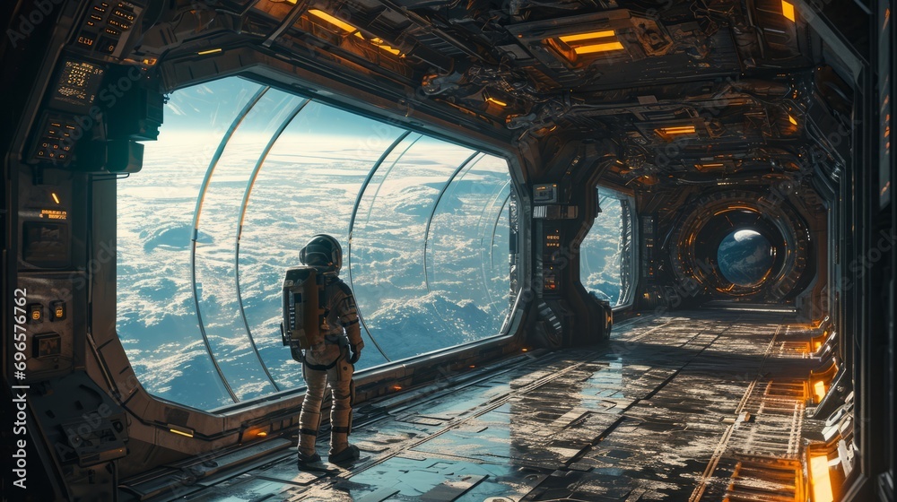 Astronaut standing in spacestation with big windows orbiting a planet. - obrazy, fototapety, plakaty 