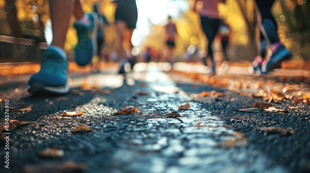 a low perspective of runners' feet on a wet asphalt path, strewn with autumn leaves, possibly at the end of a charity run or walk event, symbolizing community involvement and physical effort 