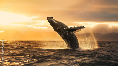 A humpback whale jumping out of the sea water at a beautiful sunset photo