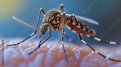 Macro of a tiger mosquito sitting on human skin and drinking blood photo