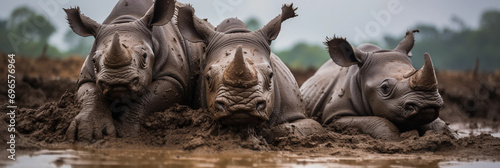 Rhino family in the mud, baby rhino between parents, intimate moment photo