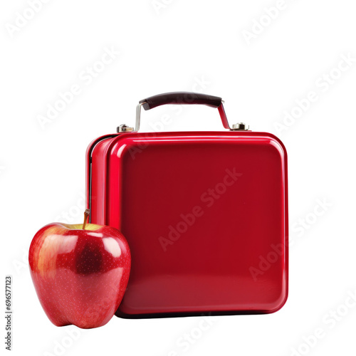 A Vibrant Red Suitcase and Fresh Apple on a Clean White Background