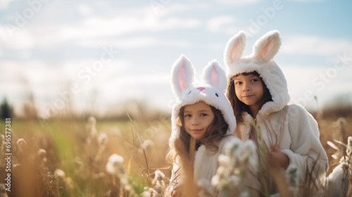 Duas crianças fofas no campo vestidas com orelhas de coelho - Papel de parede no estilo pascoa photo