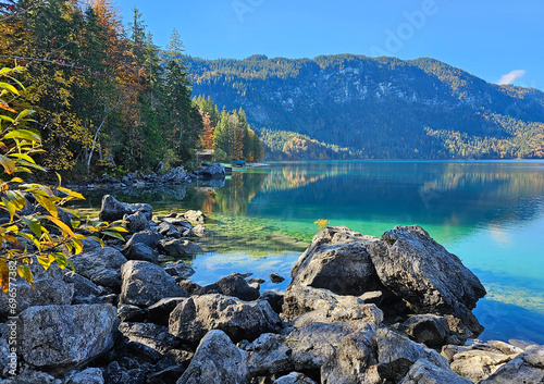 Wonderful views of the Eibsee in the middle of the Alps near the Zugspitze
