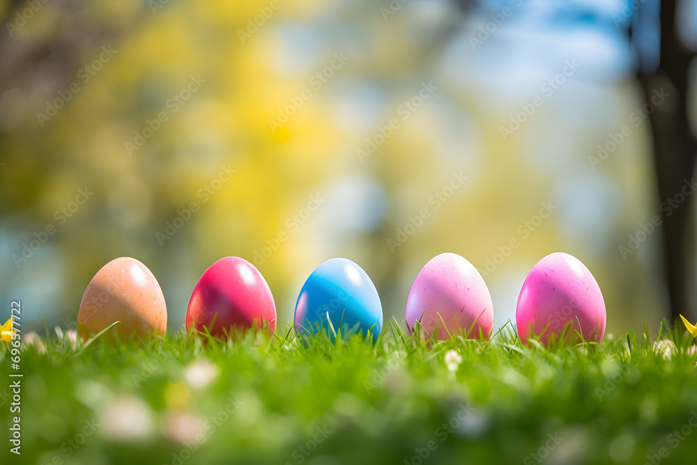 Colorful easter eggs in a row on grass with blurry spring scene in background