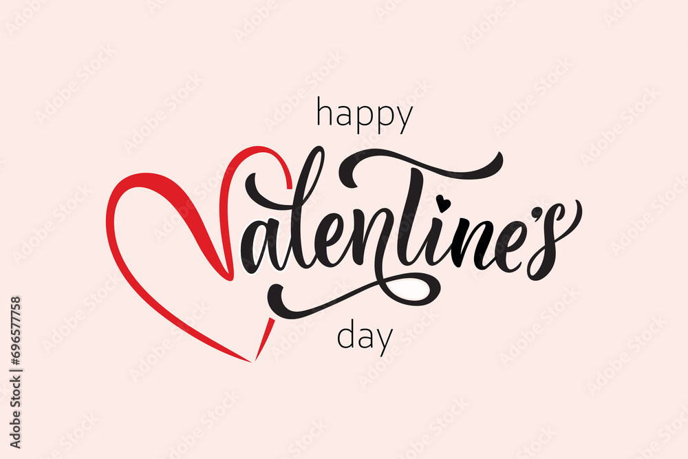 Happy Valentine's Day handwritten text. Hand lettering typography, modern brush ink calligraphy with pink heart. Vector colorful illustration. Concept for greeting card, banner, poster, print - obrazy, fototapety, plakaty 