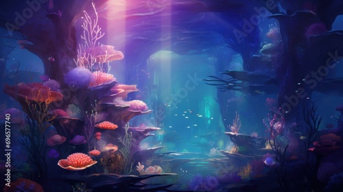  a painting of an underwater scene with corals, fish, and other marine life in blue and purple hues. © Anna