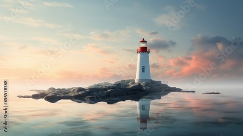  a red and white lighthouse sitting on top of a small island in the middle of a large body of water.