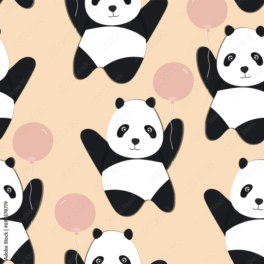 Obraz premium Seamless pattern with cute panda baby on color background. Funny asian animals. Card, postcards for kids. Flat vector illustration for fabric, textile, wallpaper, poster, gift wrapping paper
