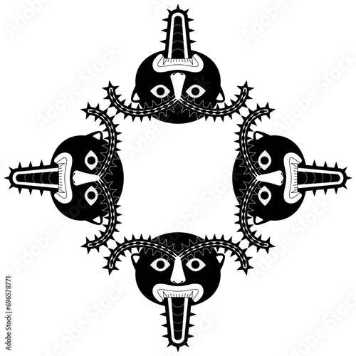 Square ethnic cross shape frame with human faces and cacti spiky motifs. Four tribal masks with cactus tongues and eyebrows. Ancient Peruvian art of Nazca Indians. Black and white silhouette.