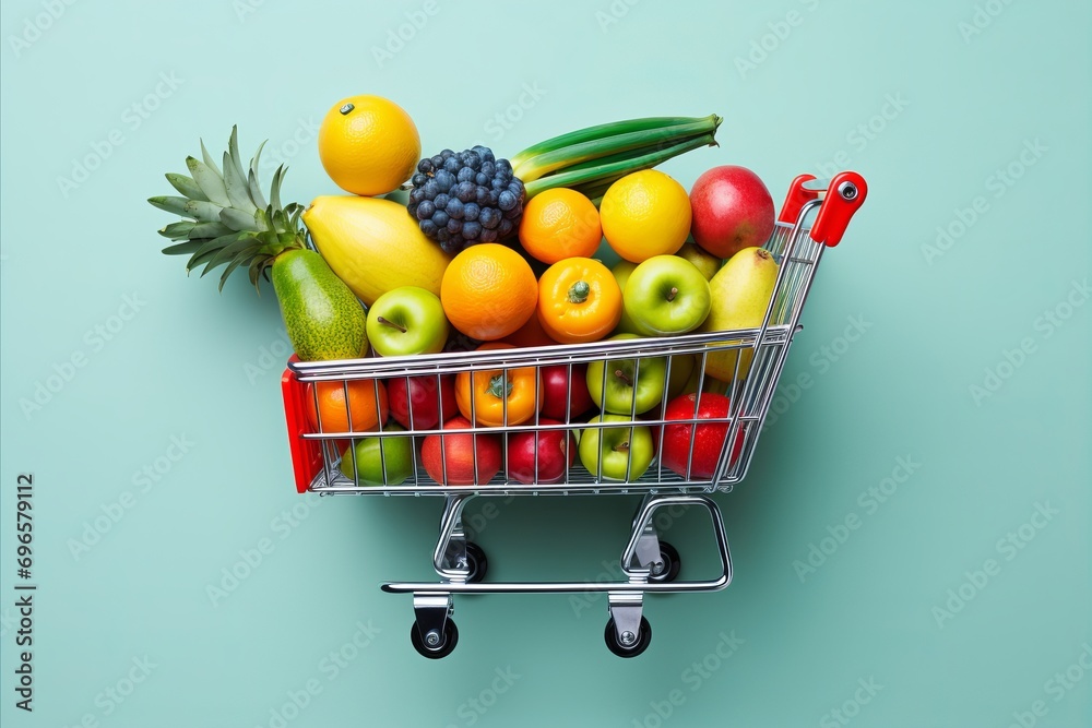 Blurred bokeh effect  shopping cart filled with groceries, blurred bokeh supermarket aisle