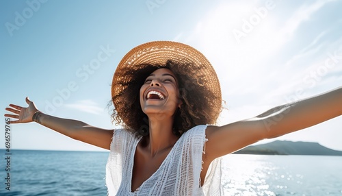 Happy woman with arms outstretched enjoying freedom at the beach , Joyful female having fun walking outside , Healthy lifestyle, happiness and mental health