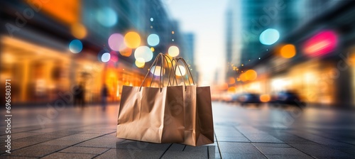 Vibrant shopping bags and icons overlay blurred bokeh effect for retail and e commerce background.