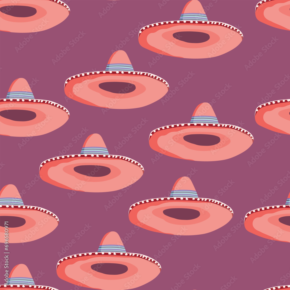 Seamless pattern with ethnic sombrero hat on color background. Vector drawing illustration for packaging, fabric, textile. Wild west, Mexico concept. Traditional Mexican wide brimmed hat