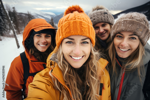 Group of young female tourists taking selfie against the backdrop of snowy mountain tops. Cheerful diverse girls in winter outwear spend vacation together hiking and skiing.