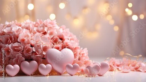 Pink volumetric hearts and pink flowers bouquet against the blurred background with bokeh effect. Valentine's Day concept.