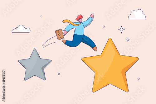 Improvement and adaptation to new normal concept. Business transformation, change management or transition to better innovative company, smart businessman jump from old to new shiny star idea.