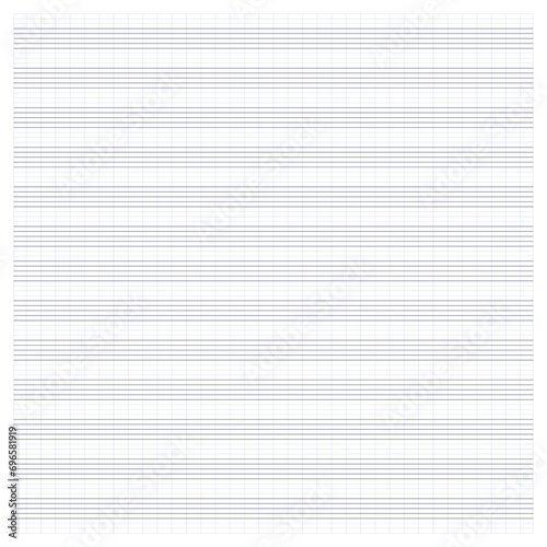 Graph paper. Printable grid paper with stave on a white background. A blank music sheet paper with staff. Geometric pattern for composition, education, school. Realistic lined paper blank