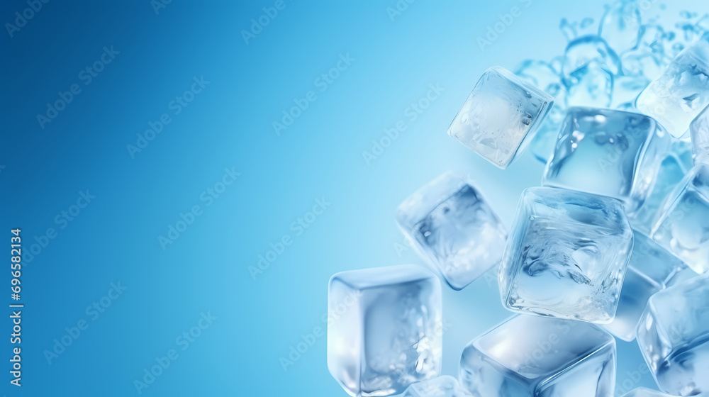 Frozen ice cubes on blue background with copy space Frozen ice cubes on blue background with copy space