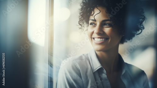 Bella donna con capelli ricci in un moderno ufficio con abito elegante e un bel sorriso photo